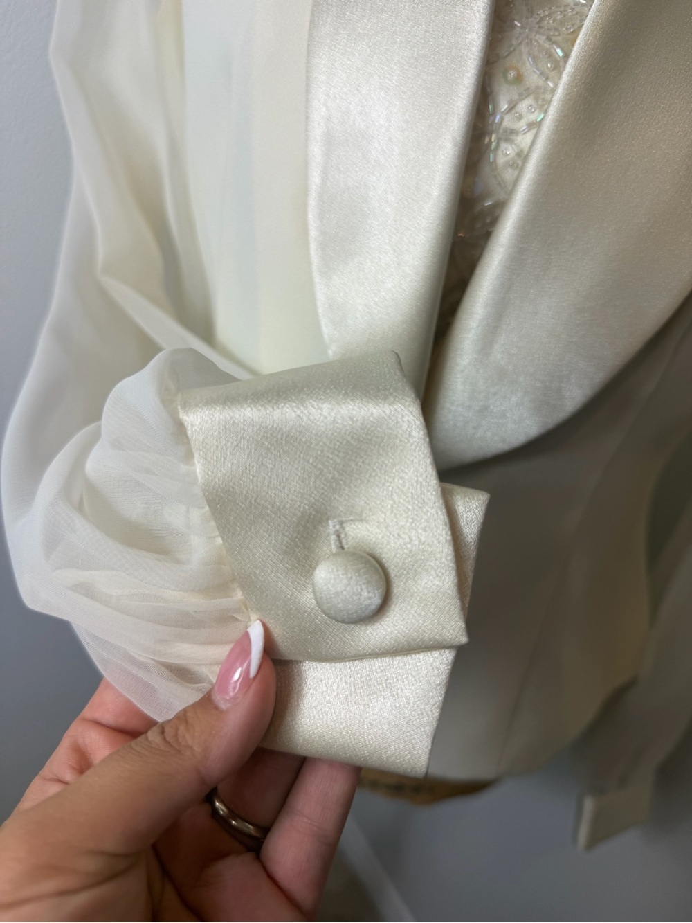 Vintage Ivory Satin Tuxedo Blazer Beaded Illusion Top Sheer Sleeve 10P - Picture 5 of 10